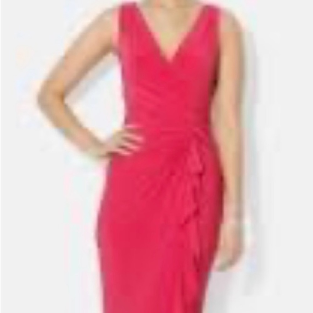 Lauren Ralph Lauren women’s rose red hot pink jersey twist front ruffle gown 2